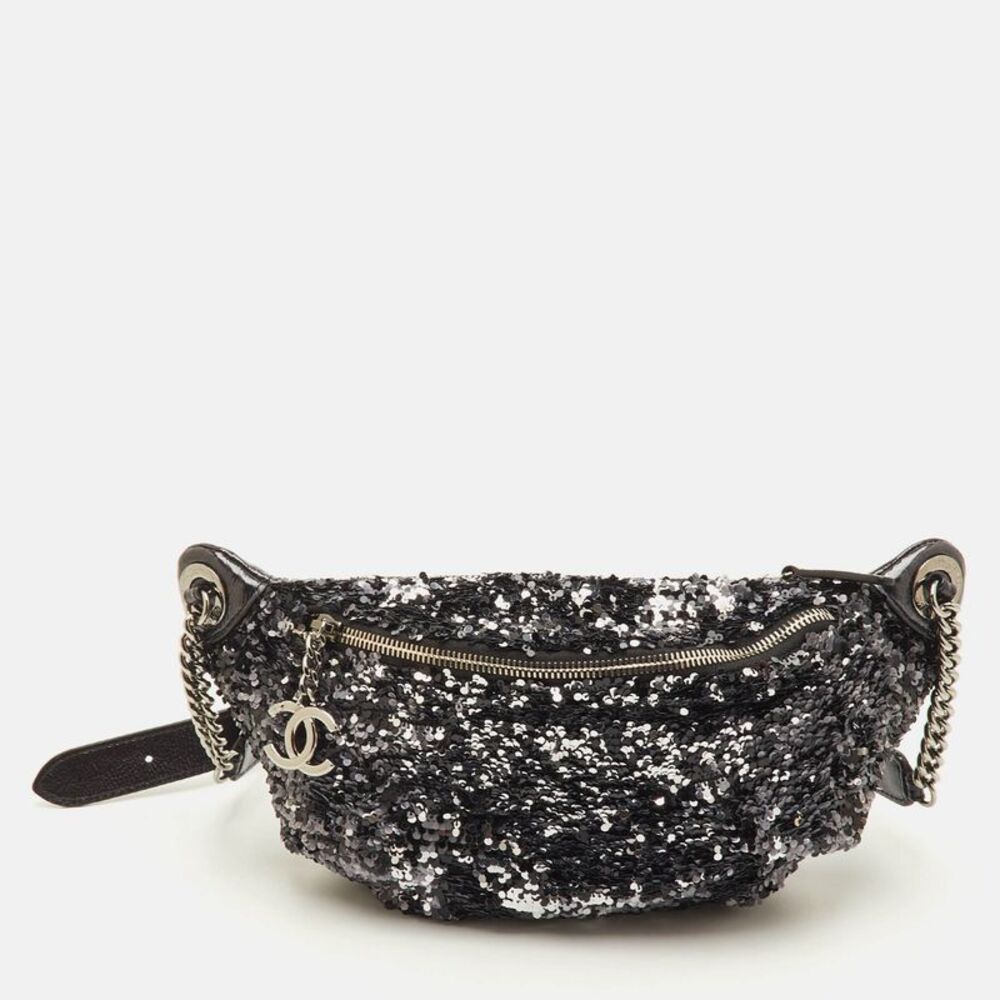 Chanel Cc Metallic Black/silver Sequins And Glazed Patent Leather Fanny Pack